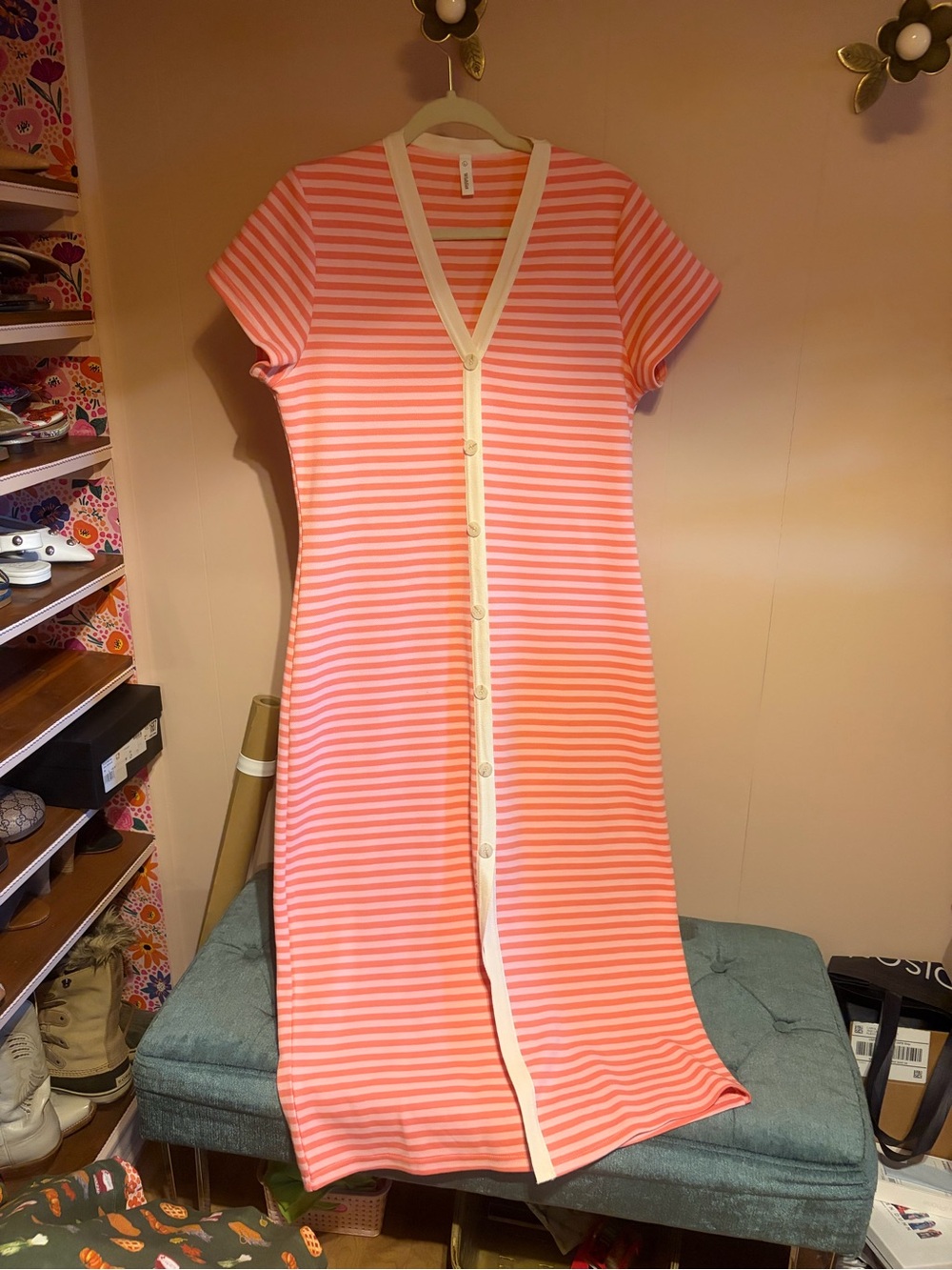 Wishlist Coral-Pink Striped Button-Front Maxi Dress